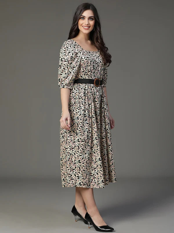 DRESS-Creame Cotton Rayon Flared Printed