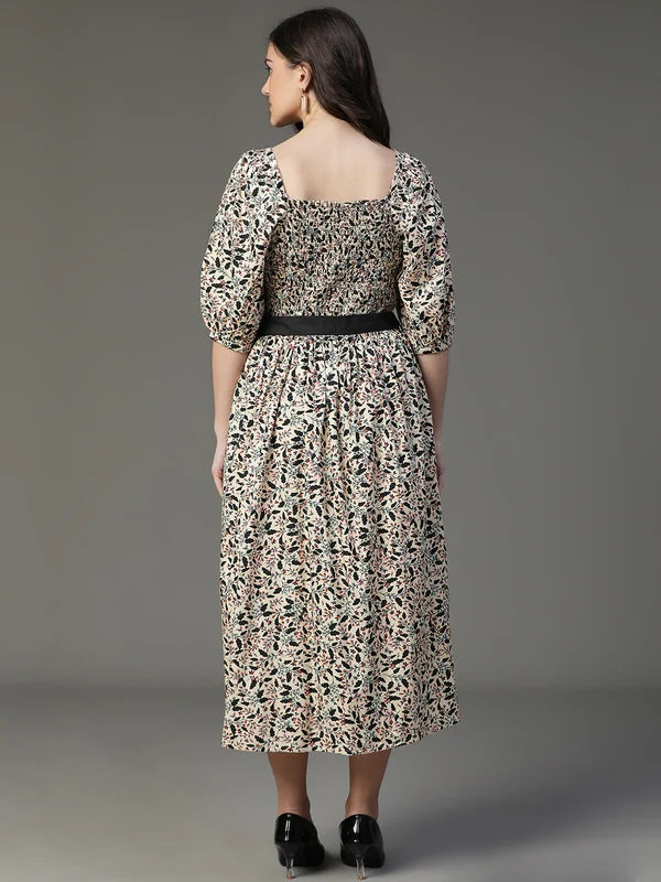 DRESS-Creame Cotton Rayon Flared Printed
