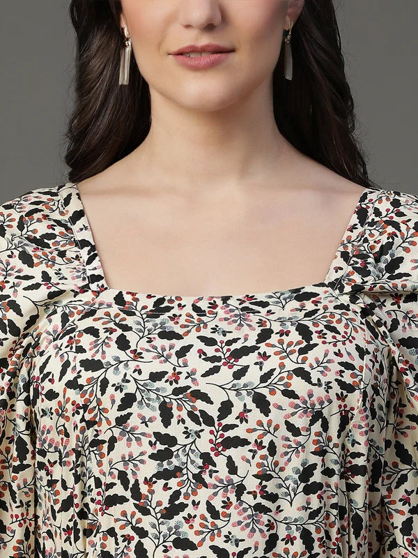 DRESS-Creame Cotton Rayon Flared Printed