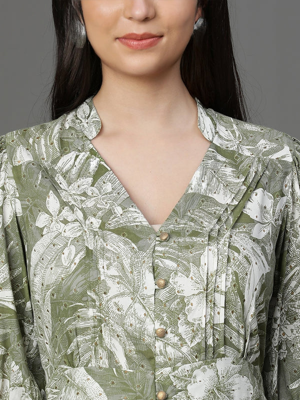 DRESS-Olive Rayon Printed Western Dress