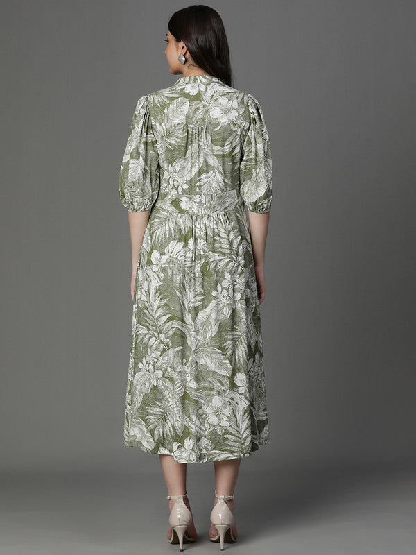 DRESS-Olive Rayon Printed Western Dress