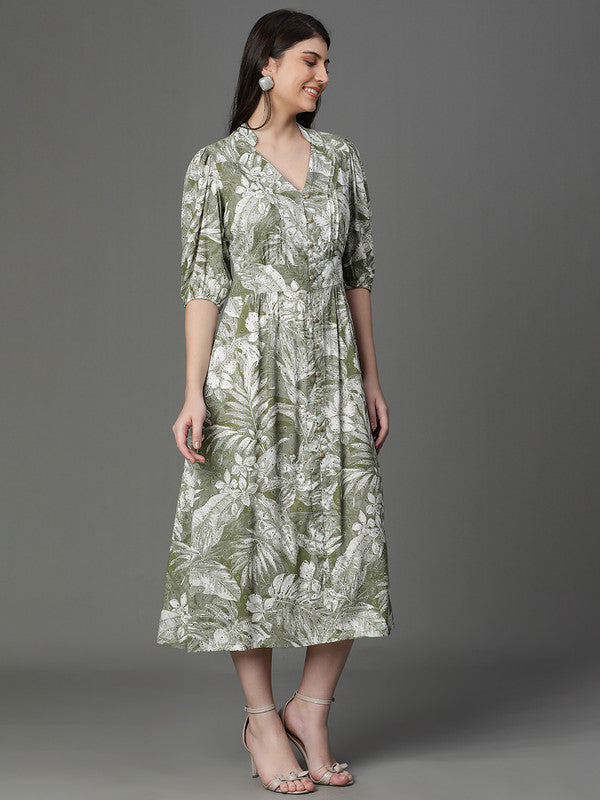 DRESS-Olive Rayon Printed Western Dress