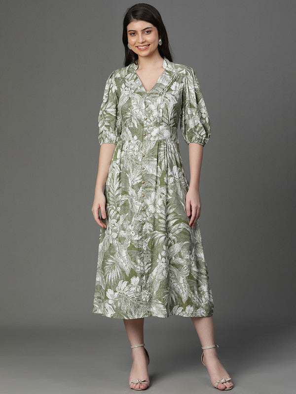 DRESS-Olive Rayon Printed Western Dress