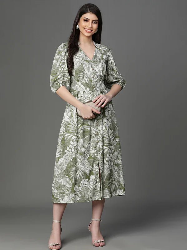 DRESS-Olive Rayon Printed Western Dress