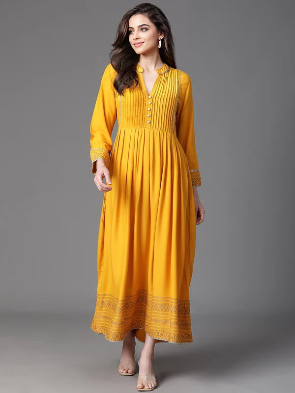 DRESS-Mustard Rayon Placement Printed Dress with Flare gathers
