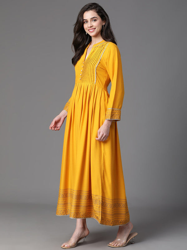 DRESS-Mustard Rayon Placement Printed Dress with Flare gathers