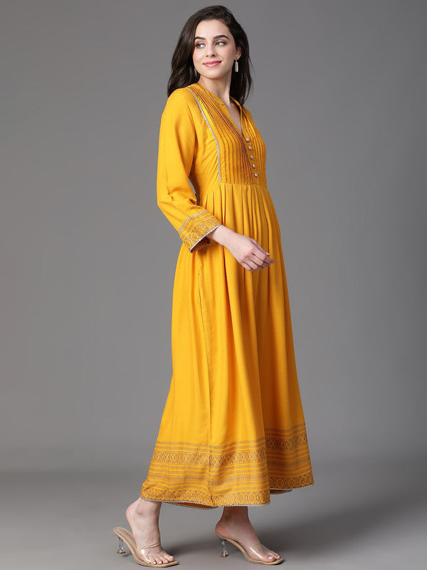 DRESS-Mustard Rayon Placement Printed Dress with Flare gathers