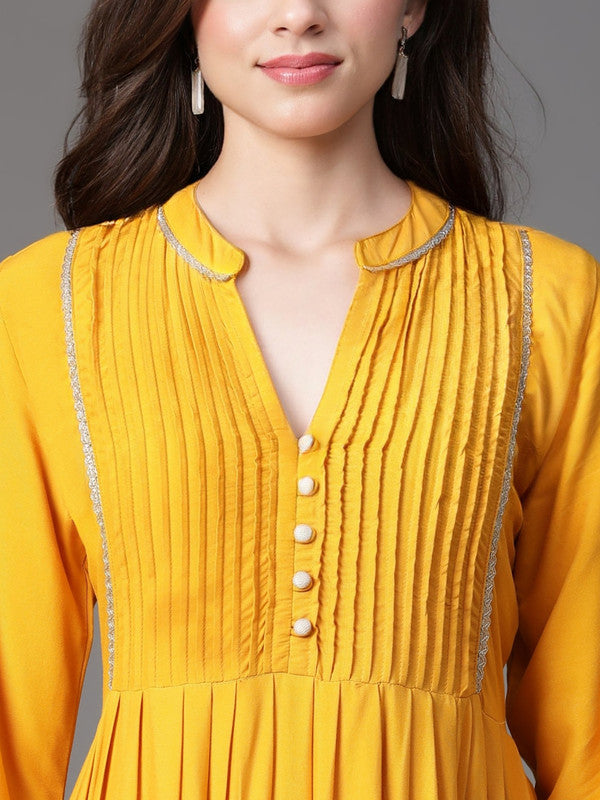 DRESS-Mustard Rayon Placement Printed Dress with Flare gathers