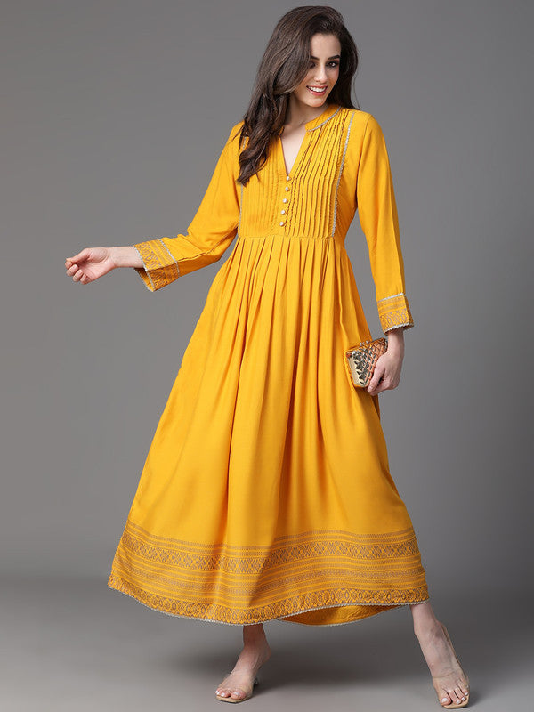 DRESS-Mustard Rayon Placement Printed Dress with Flare gathers