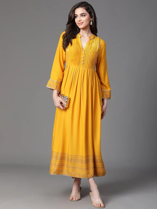 DRESS-Mustard Rayon Placement Printed Dress with Flare gathers