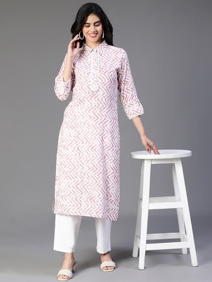 KURTA-Off White Rayon Printed Kurta with Zig Zag Print