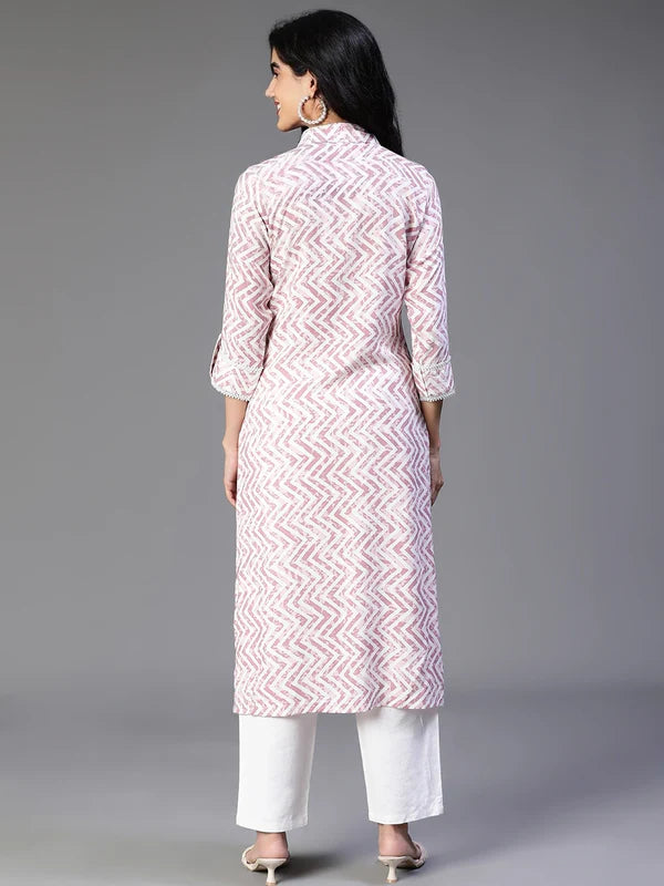 KURTA-Off White Rayon Printed Kurta with Zig Zag Print