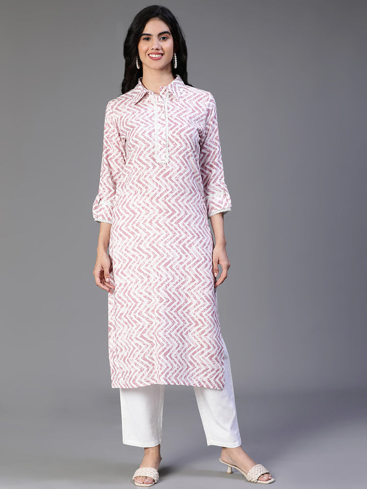 KURTA-Off White Rayon Printed Kurta with Zig Zag Print