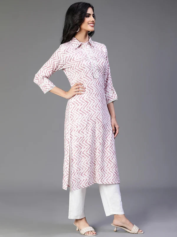 KURTA-Off White Rayon Printed Kurta with Zig Zag Print