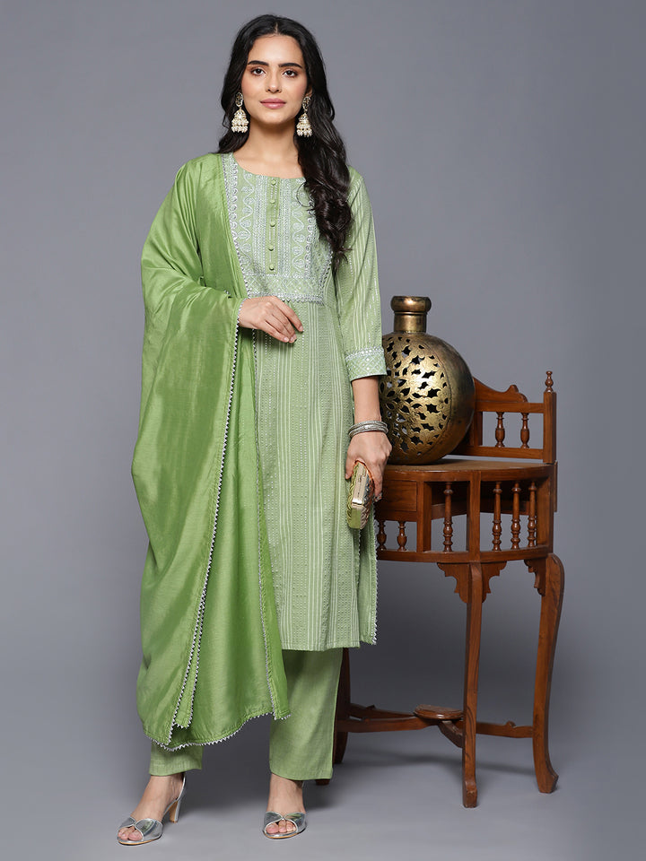 DUPATTA SET-GREEN LINEN SET WITH DUPATTA