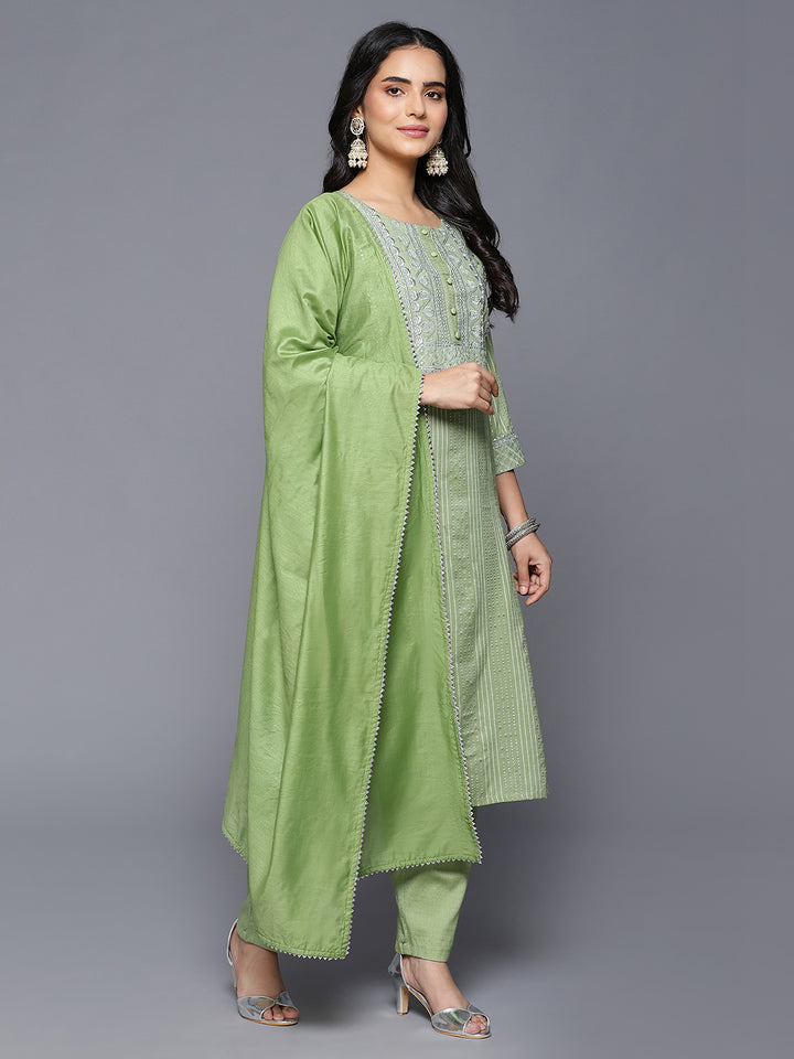 DUPATTA SET-GREEN LINEN SET WITH DUPATTA