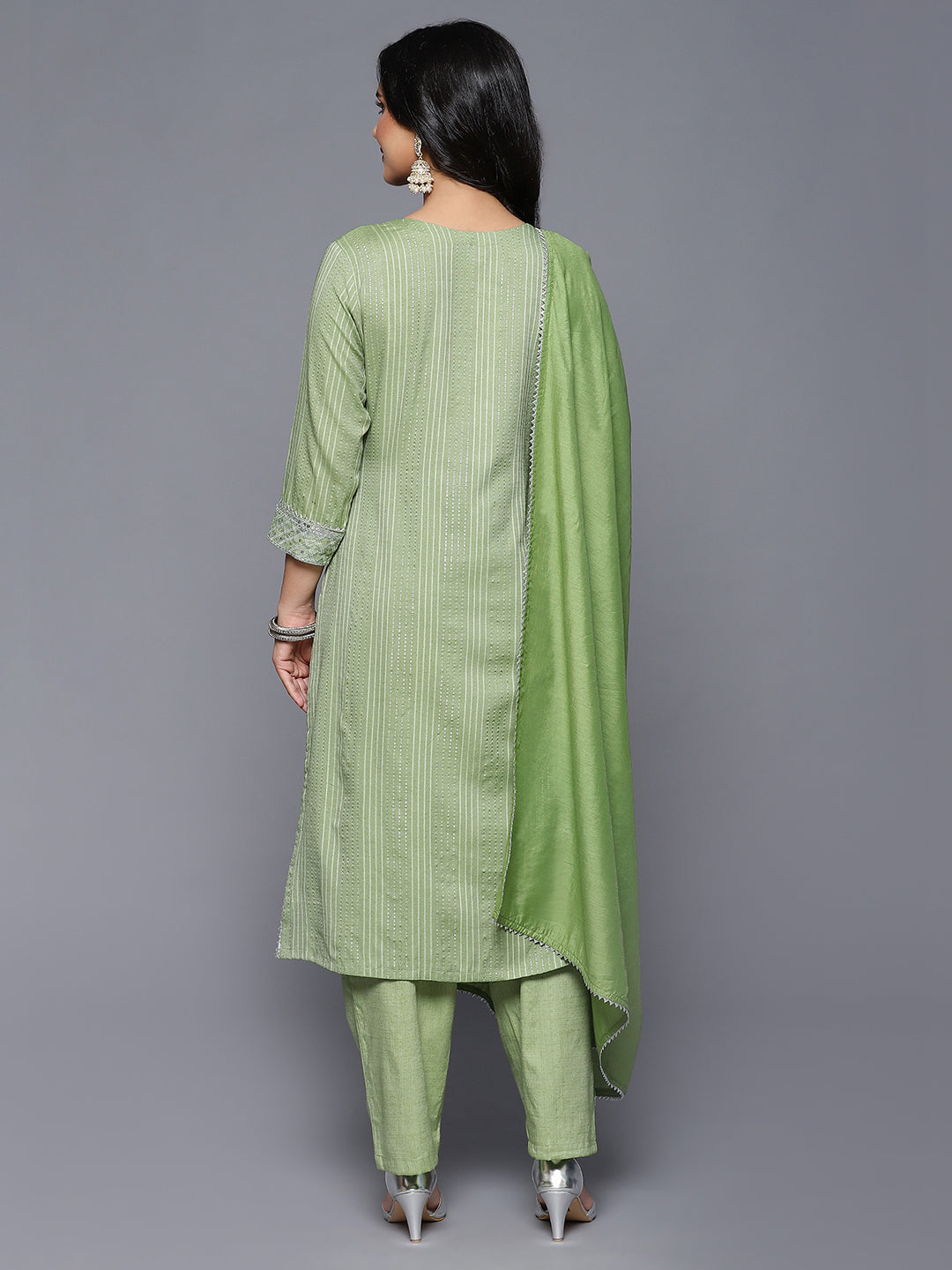 DUPATTA SET-GREEN LINEN SET WITH DUPATTA