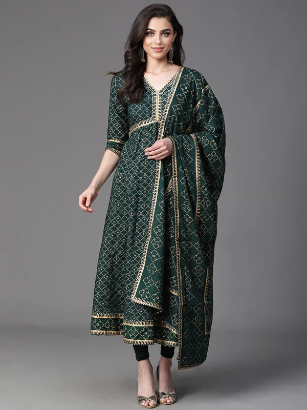 DUPATTA SET - BOTTLE GREEN ANARKALI WITH DUPATTA