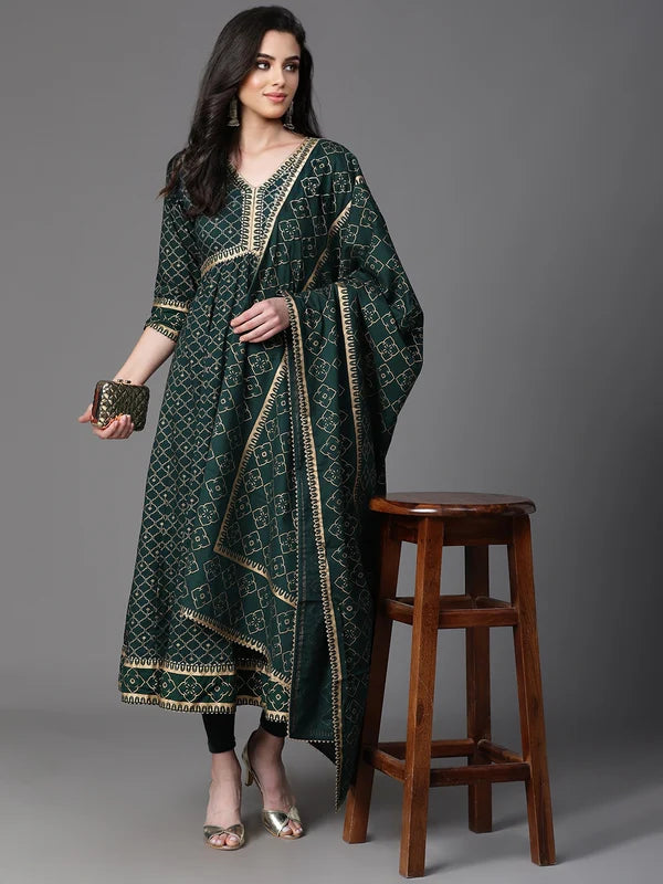 DUPATTA SET - BOTTLE GREEN ANARKALI WITH DUPATTA