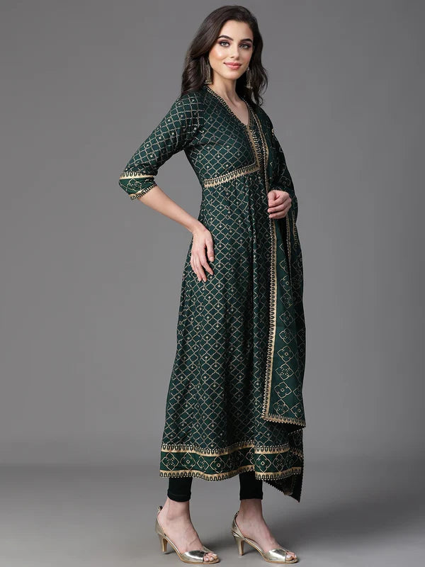 DUPATTA SET - BOTTLE GREEN ANARKALI WITH DUPATTA