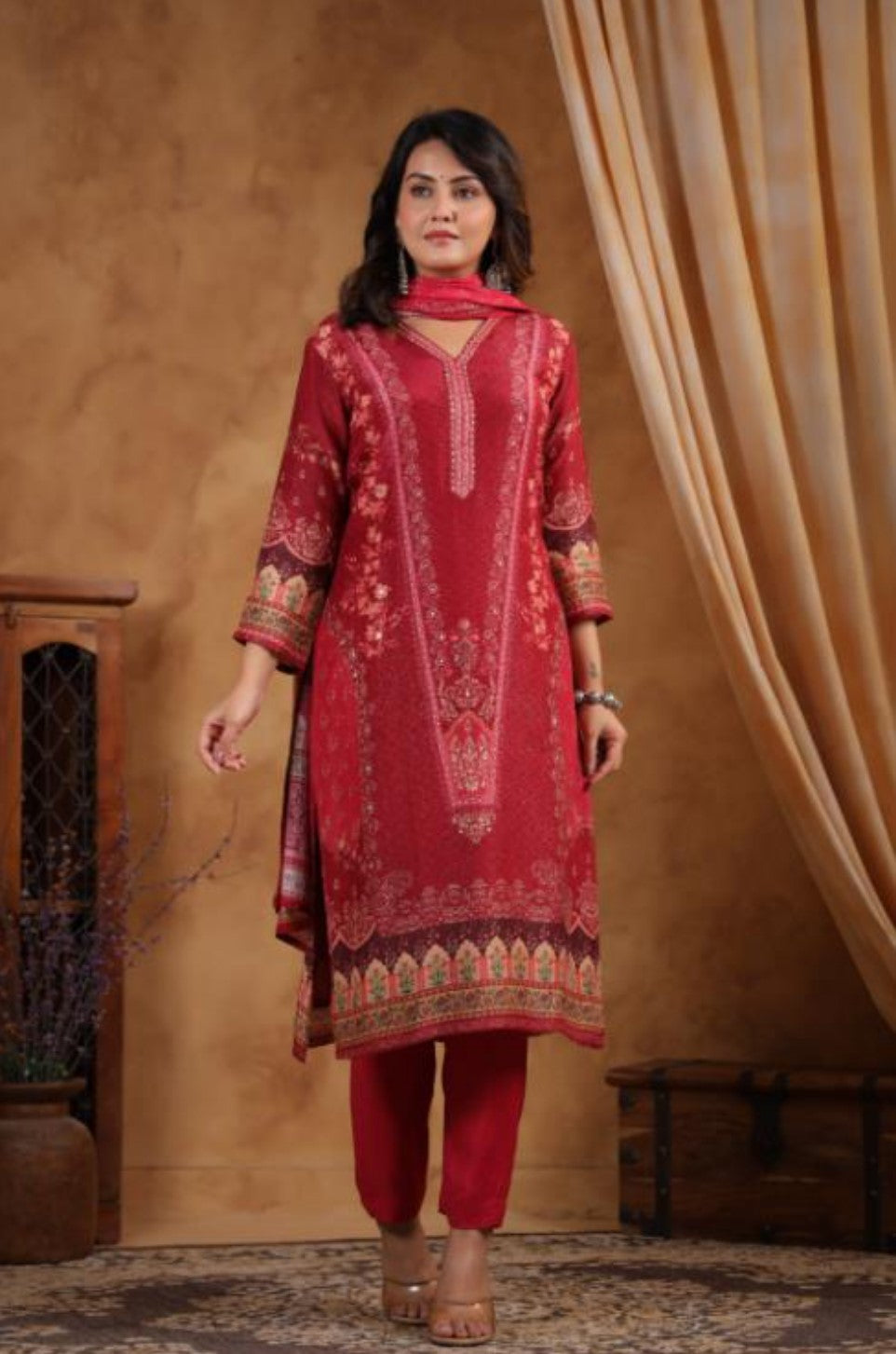 DUPATTA SET-Muslin, Wine