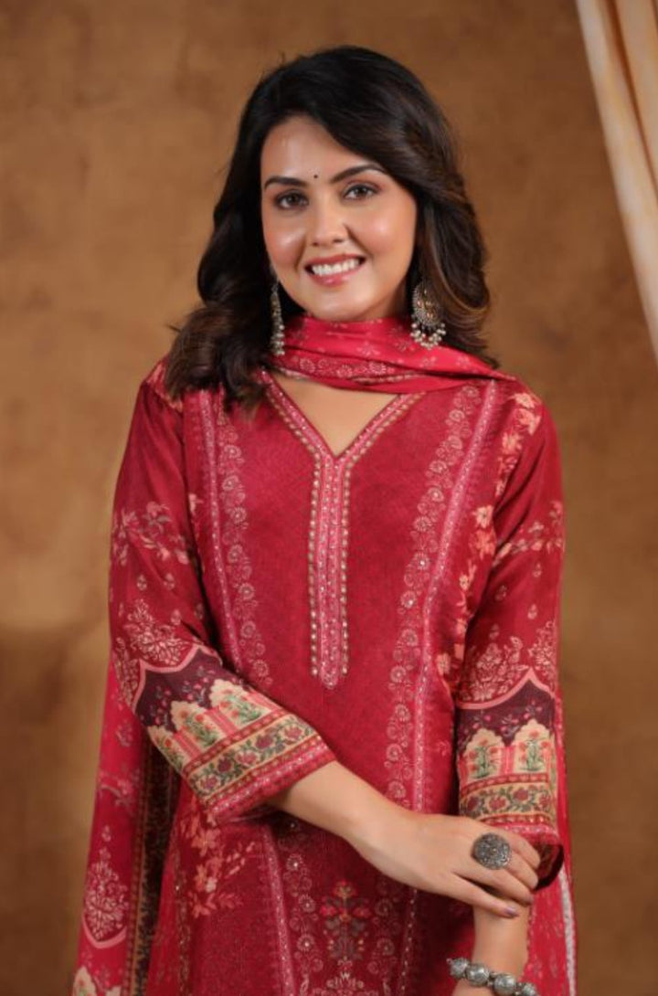 DUPATTA SET-Muslin, Wine