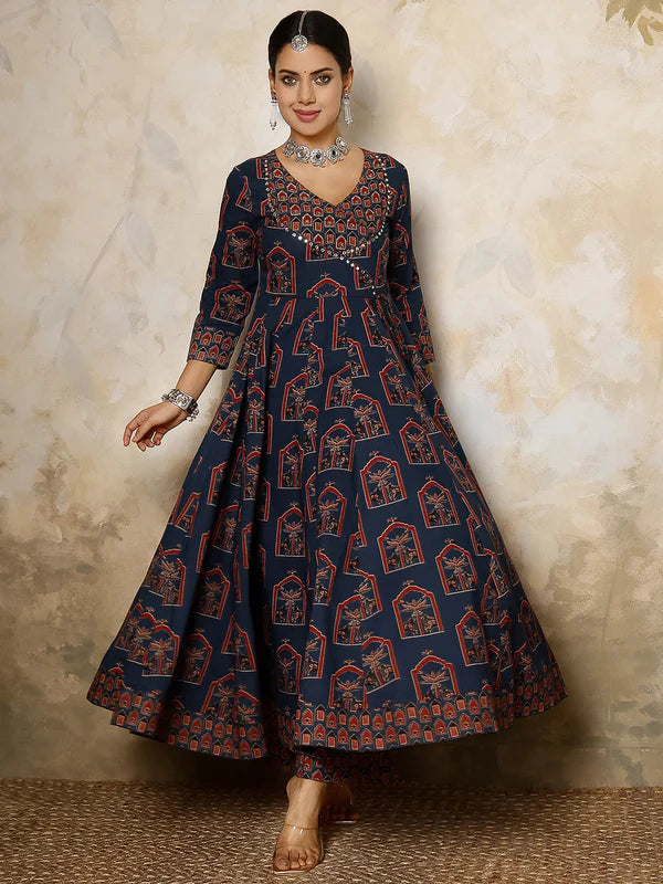 DUPATTA SET - NAVY, COTTON CALF FLARED PRINTED LENGTH