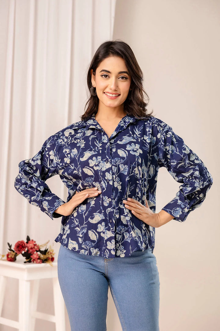 TOP-Blue Shirt Floral Print