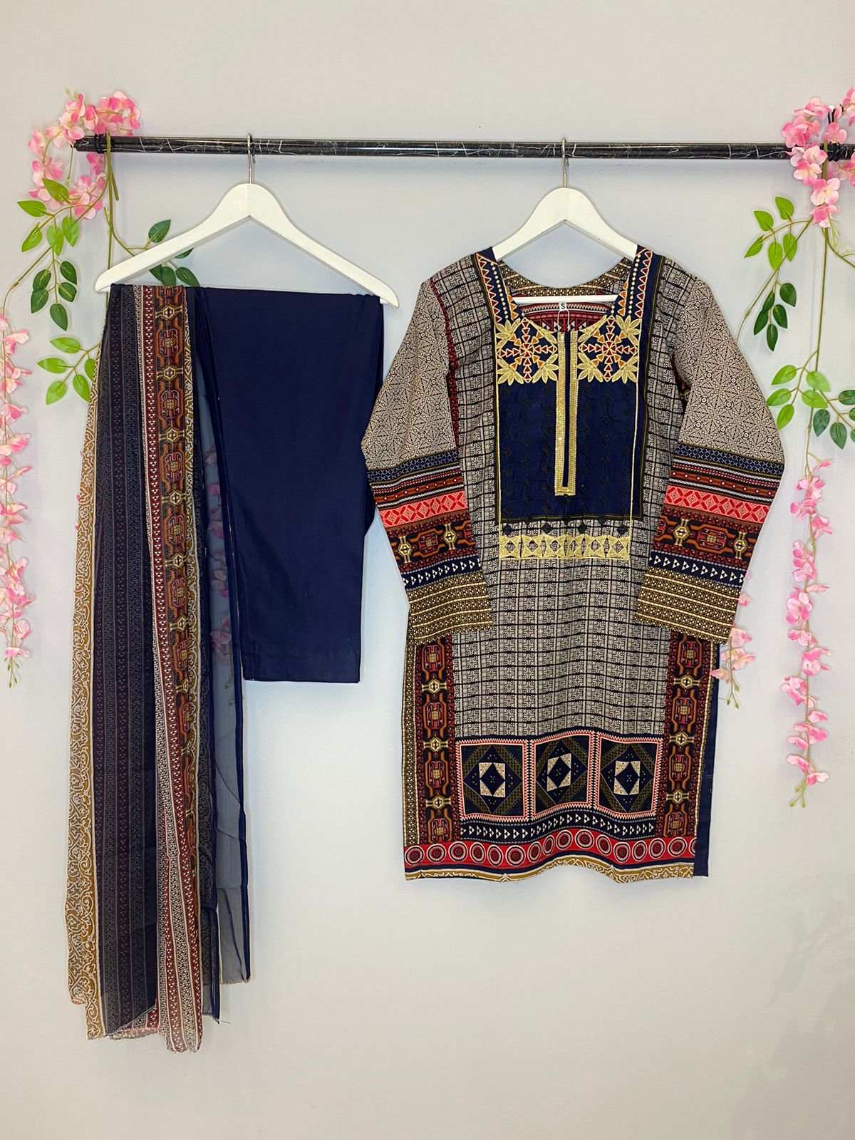 Cotton navy blue dupatta with border lace main image 1