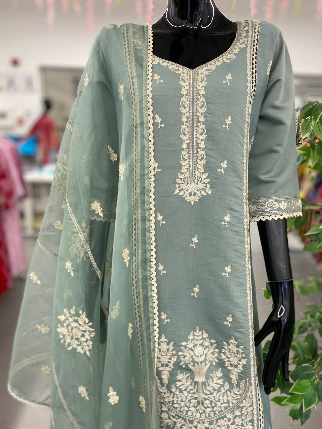 DUPATTA SET-Sage green embroidered