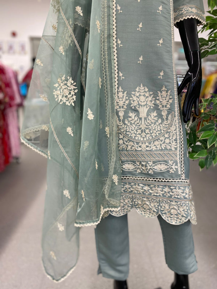 DUPATTA SET-Sage green embroidered