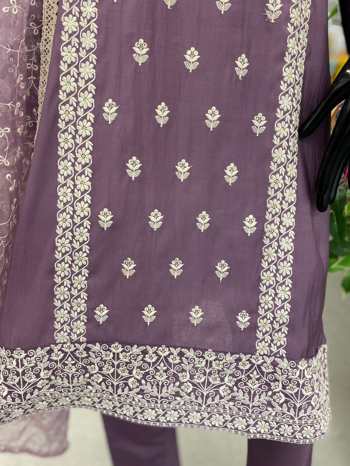 DUPATTA SET-Mauve color embroidered