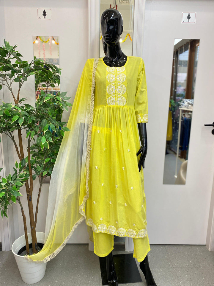 DUPATTA SET - YELLOW COTTON ANARKALI