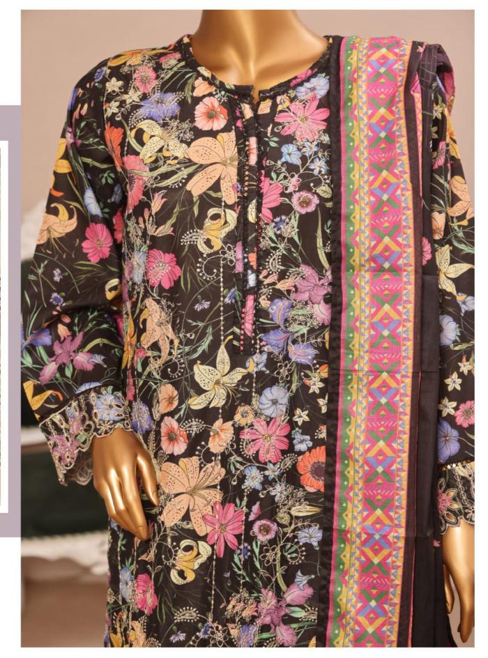 DUPATTA SET BLACK LAWN COTTON EMBROIDERED
