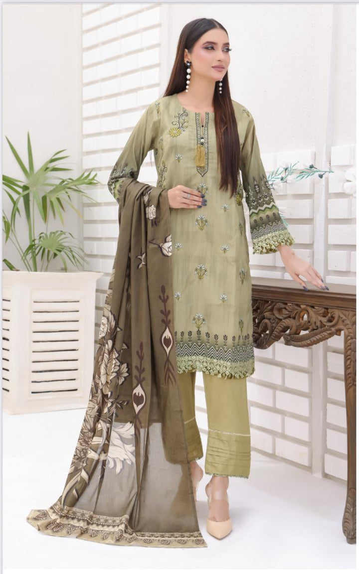 DUPATTA SET GREEN - BANA DORIA LAWN EMBROIDERED