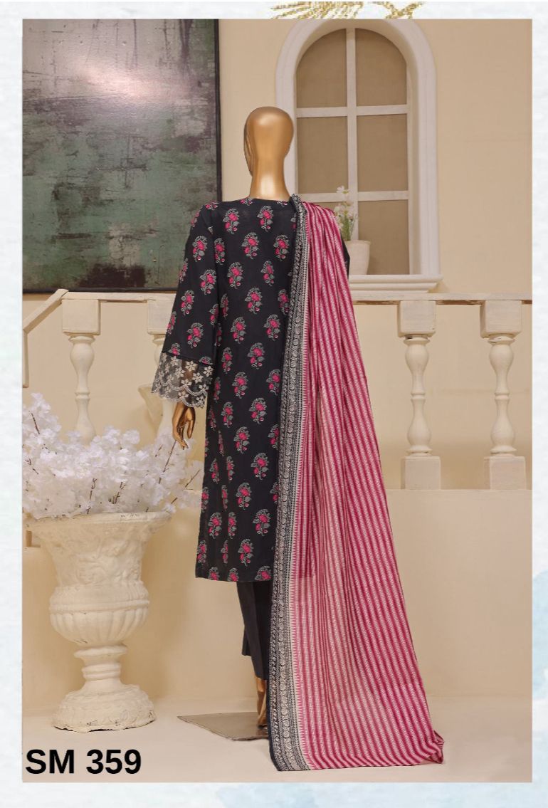 DUPATTA SET BLACK PINK EMBROIDERED LAWN COTTON