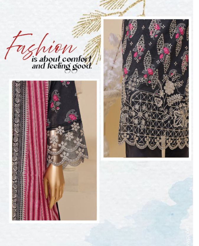 DUPATTA SET BLACK PINK EMBROIDERED LAWN COTTON