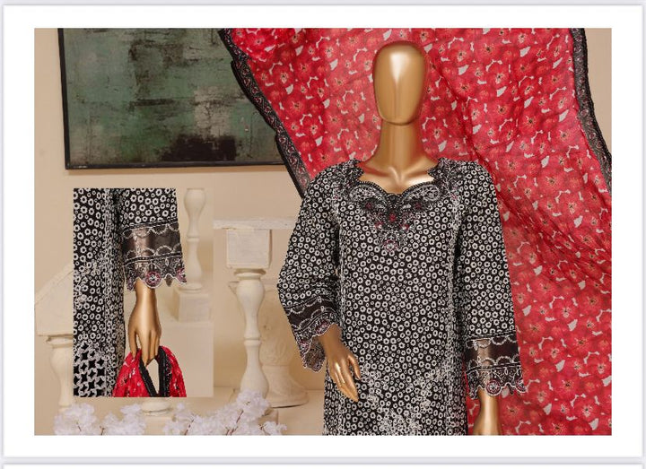 DUPATTA SET BLACK RED LAWN COTTON