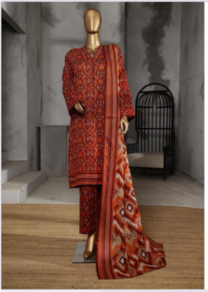 DUPATTA SET BROWN ORANGE - LAWN COTTON WITH LACE WORK