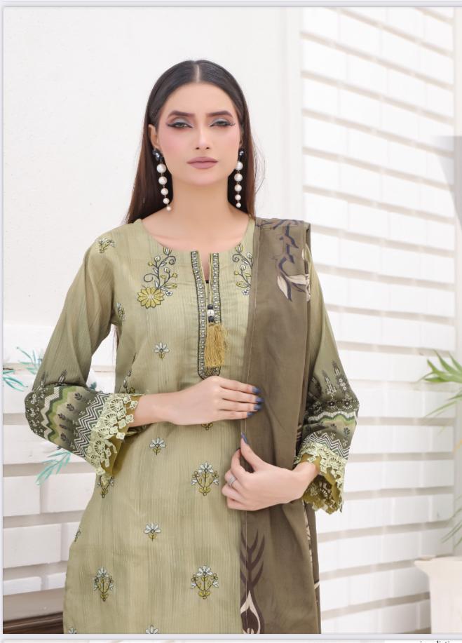 DUPATTA SET GREEN - BANA DORIA LAWN EMBROIDERED