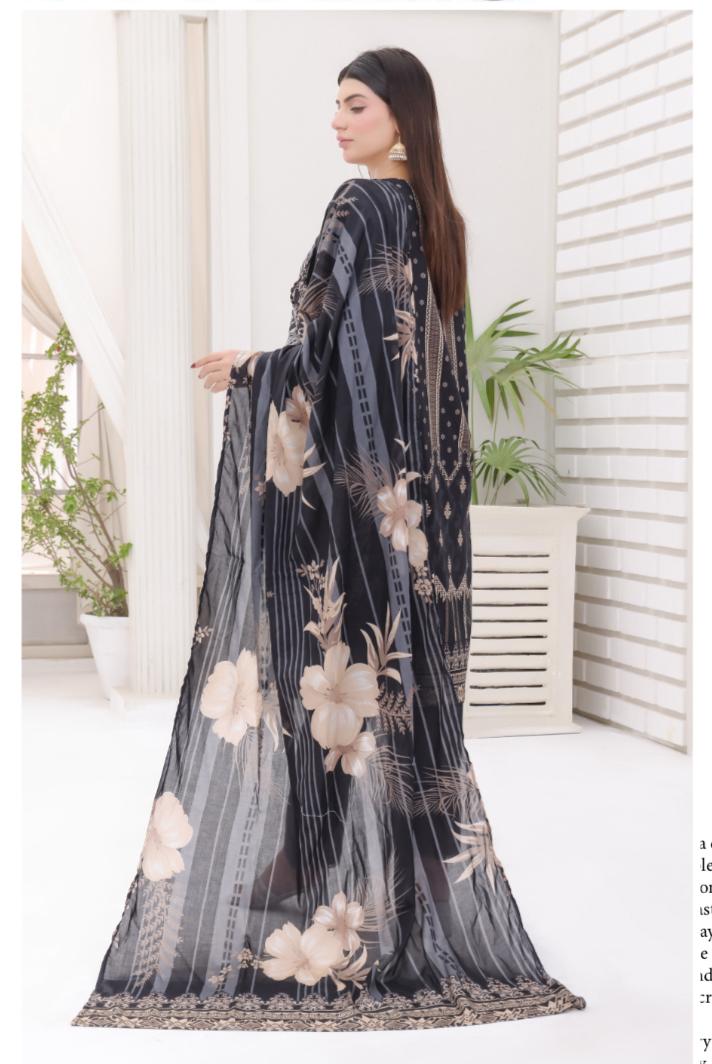 DUPATTA SET BLACK - BANA DORIA LAWN EMBROIDERED
