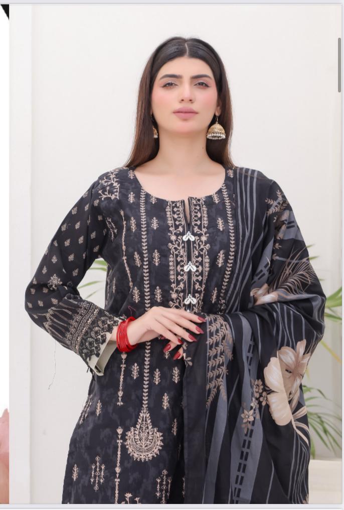 DUPATTA SET BLACK - BANA DORIA LAWN EMBROIDERED