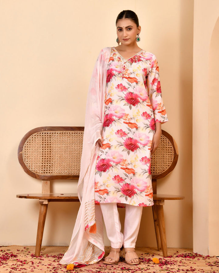 DUPATTA SET - Pure Crape Straight light pink floral 102405