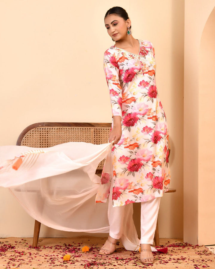 DUPATTA SET - Pure Crape Straight light pink floral 102405