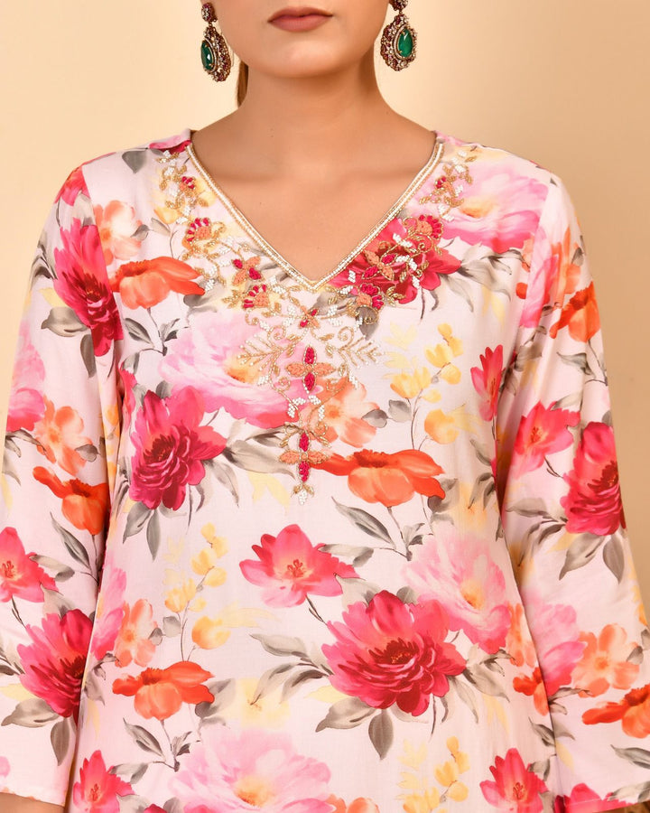 DUPATTA SET - Pure Crape Straight light pink floral 102405