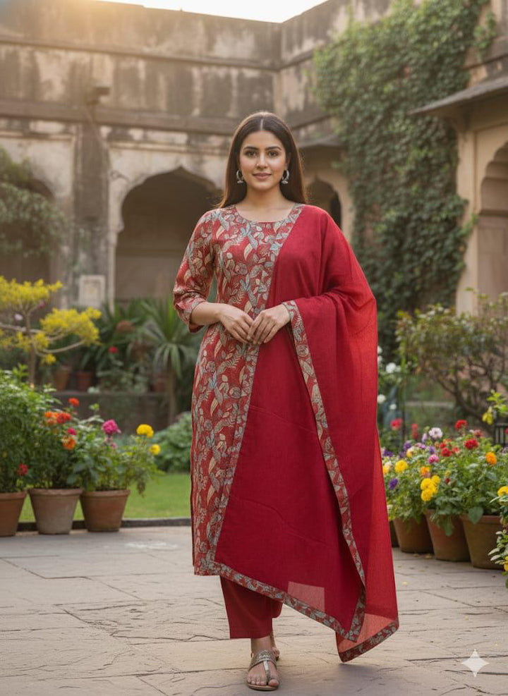 DUPATTA SET - Pashmina straight fit Red floral printed 102701