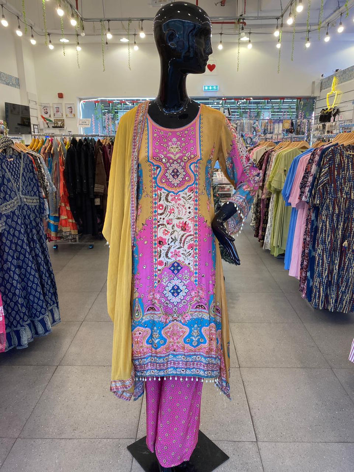 DUPATTA SET - Pure Crepe mustard printed 102413