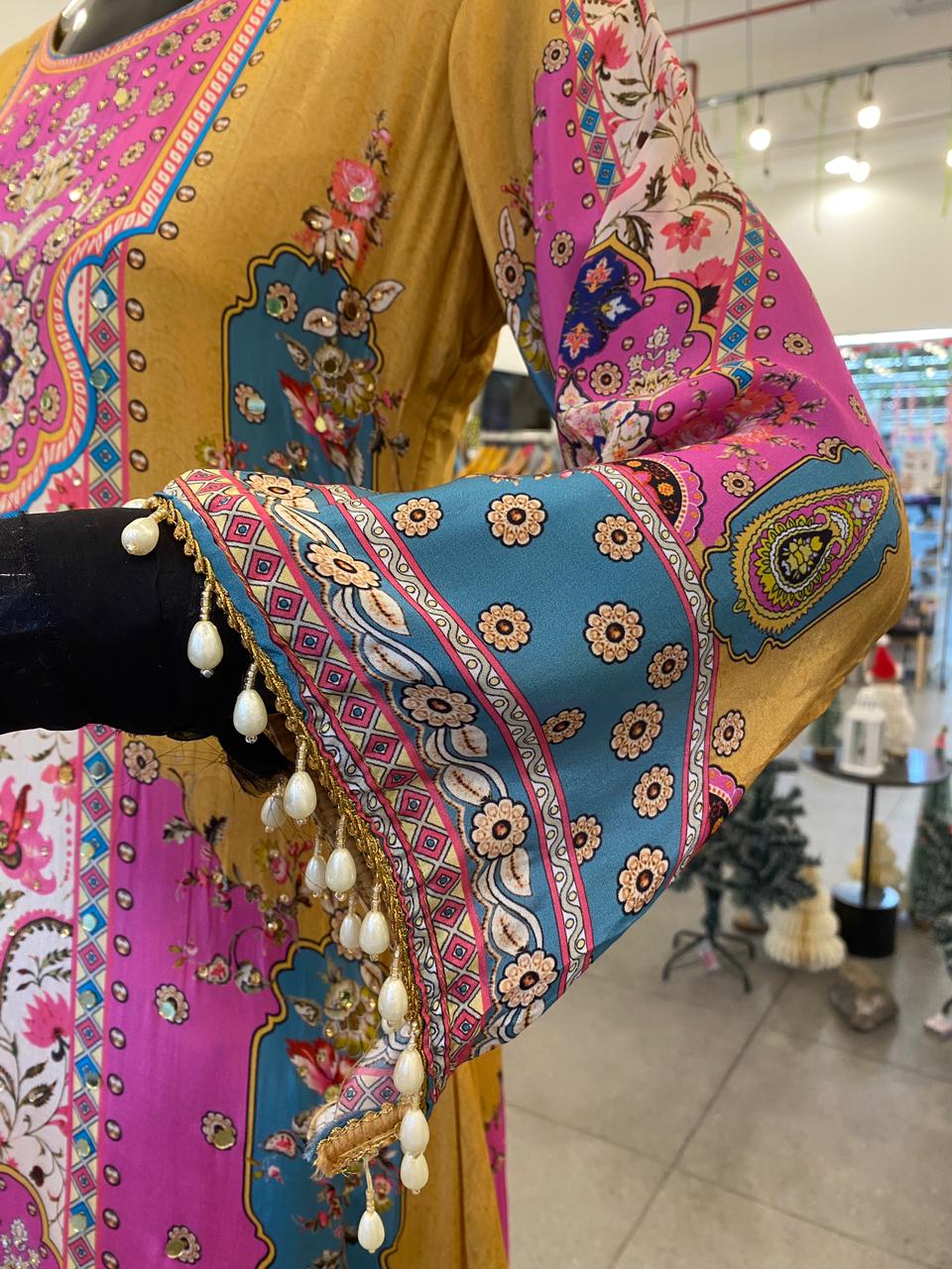 DUPATTA SET - Pure Crepe mustard printed 102413