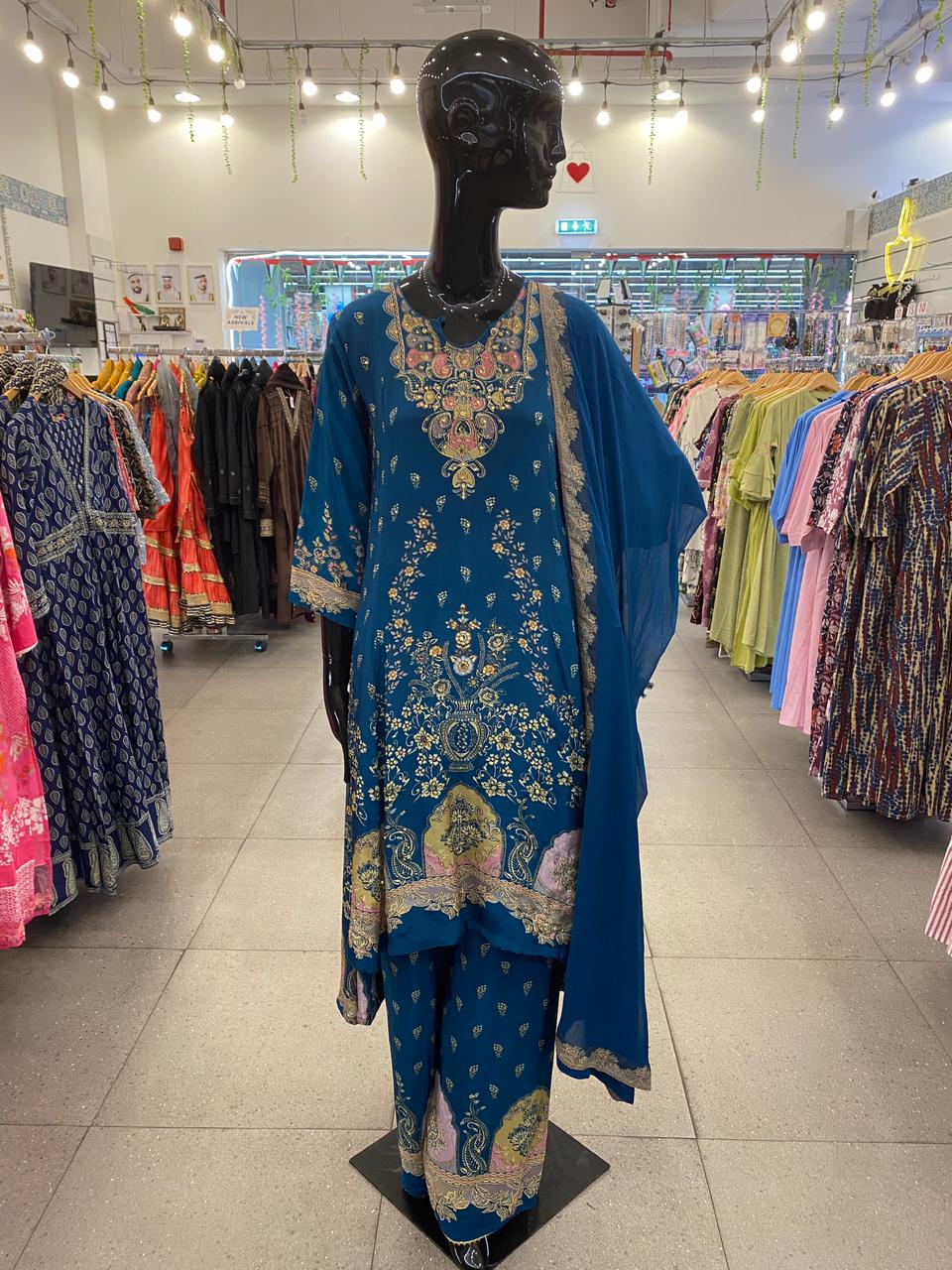 DUPATTA SET - Pure Crape Teal Blue floral printed 102411