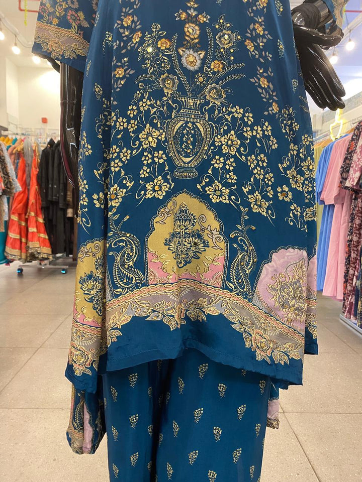 DUPATTA SET - Pure Crape Teal Blue floral printed 102411